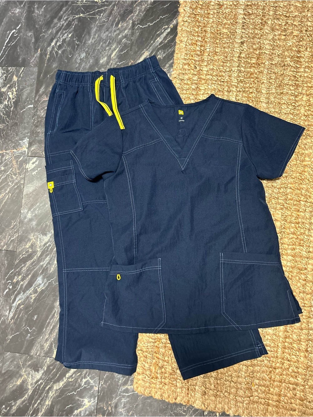 WonderWink Navy Blue Scrub Set with Yellow Accents